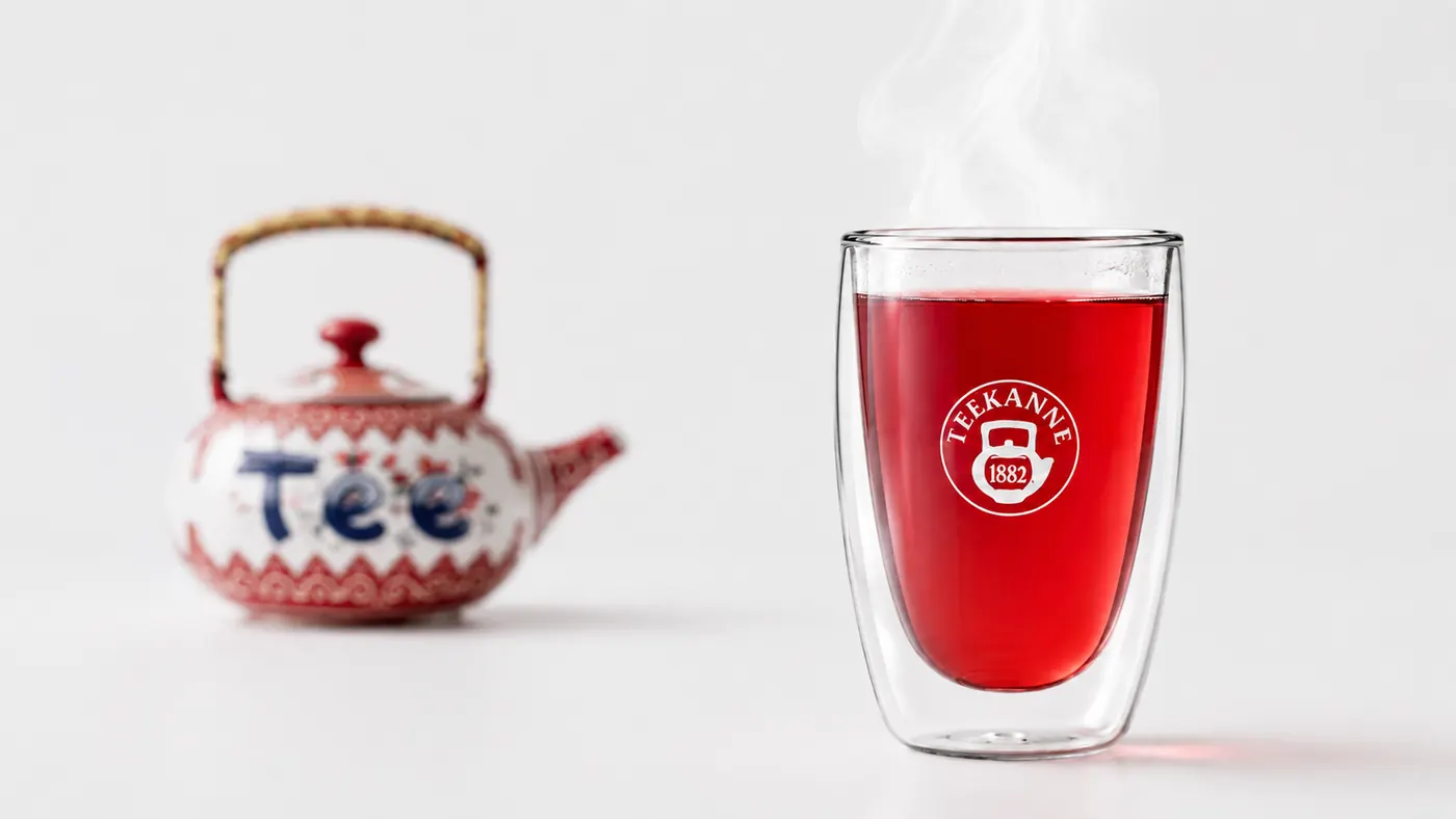 A blurred traditional tea pot on the left and a red TEEKANNE tea infusion in a modern glass on the right.