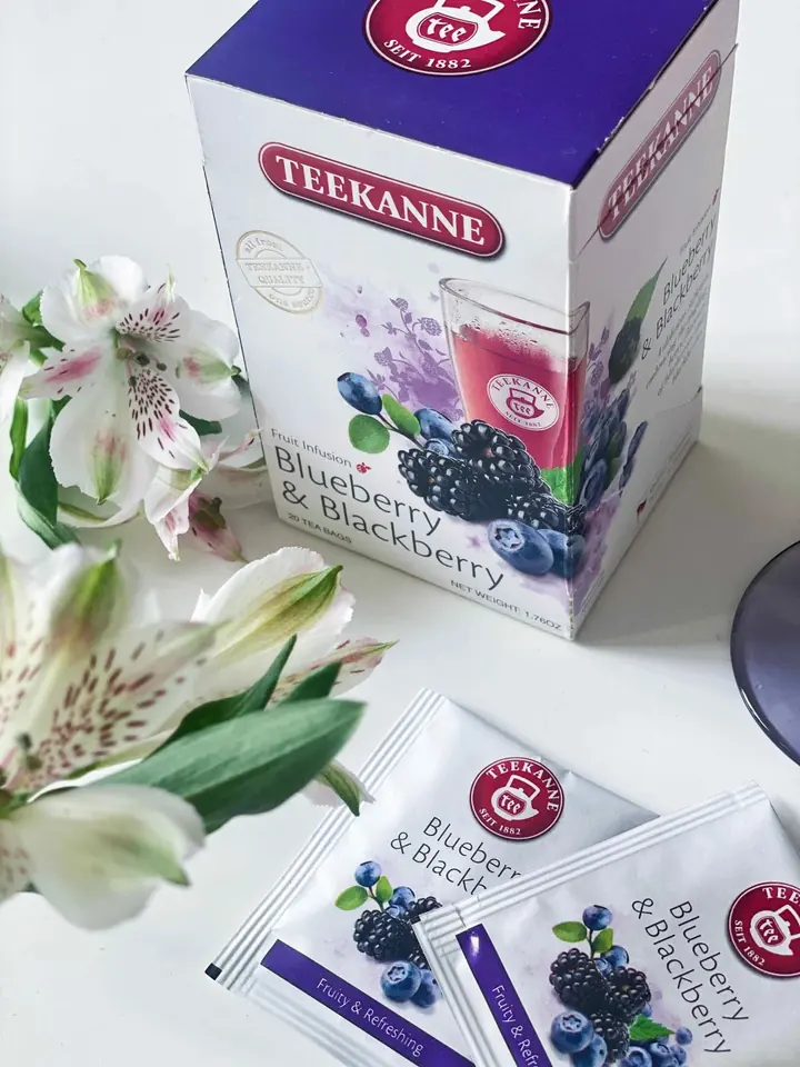 Consumer post showing TEEKANNE Blueberry & Blackberry packaging and tea sachets.