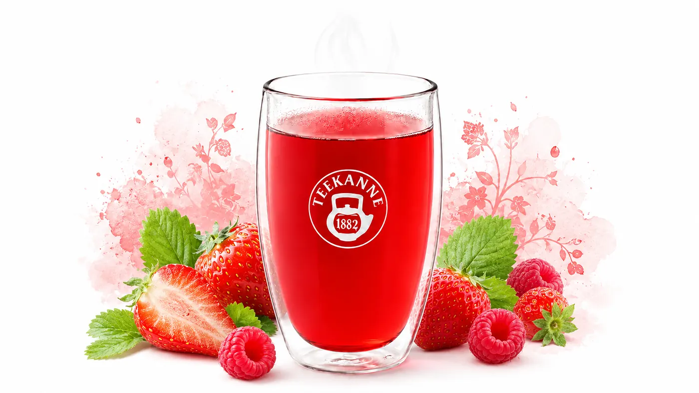 A red TEEKANNE tea infusion with fruit and a soft illustrated flavour atmosphere behind it.