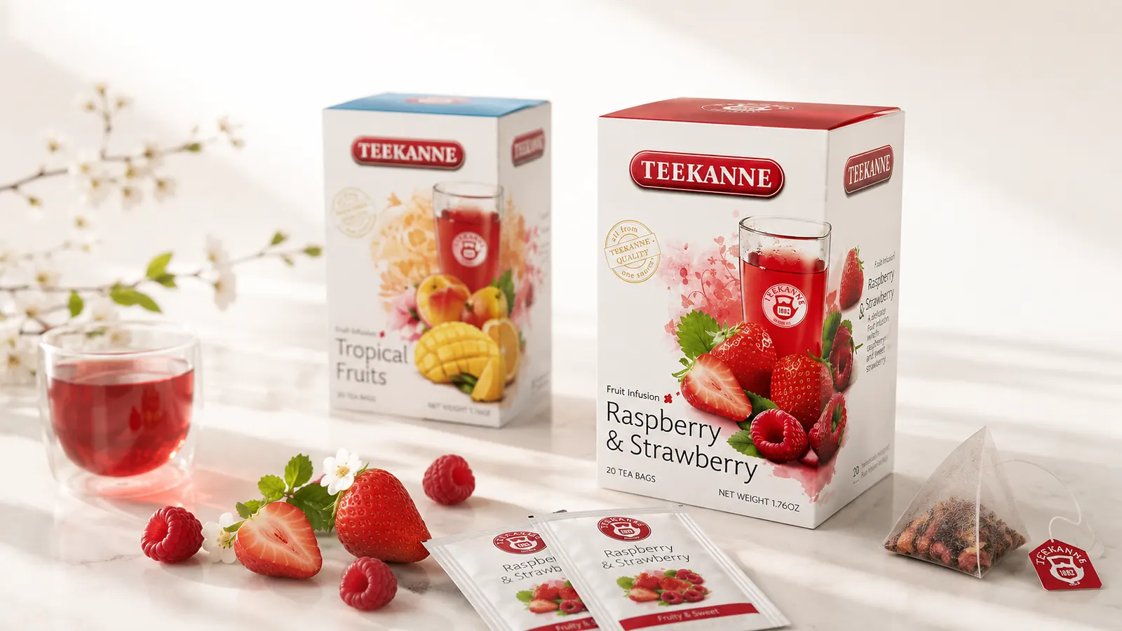 TEEKANNE fruit infusion packaging with Raspberry & Strawberry and Tropical Fruits boxes, tea glasses, fruit and a pyramid tea bag on a bright tabletop.