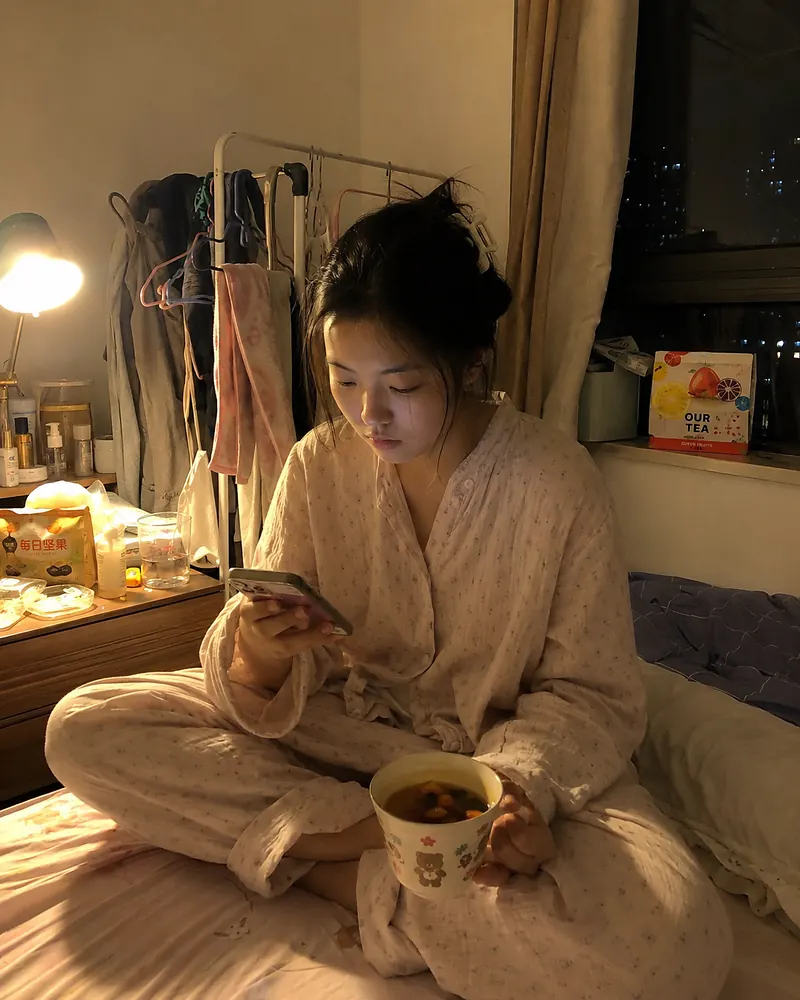 A young woman drinking warm tea in bed beside soft evening light.
