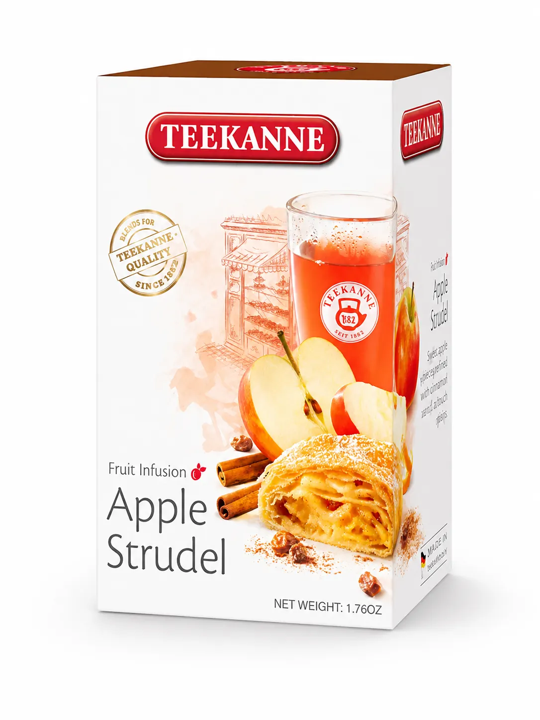 TEEKANNE Apple Strudel fruit infusion packaging with apple, cinnamon and strudel imagery.