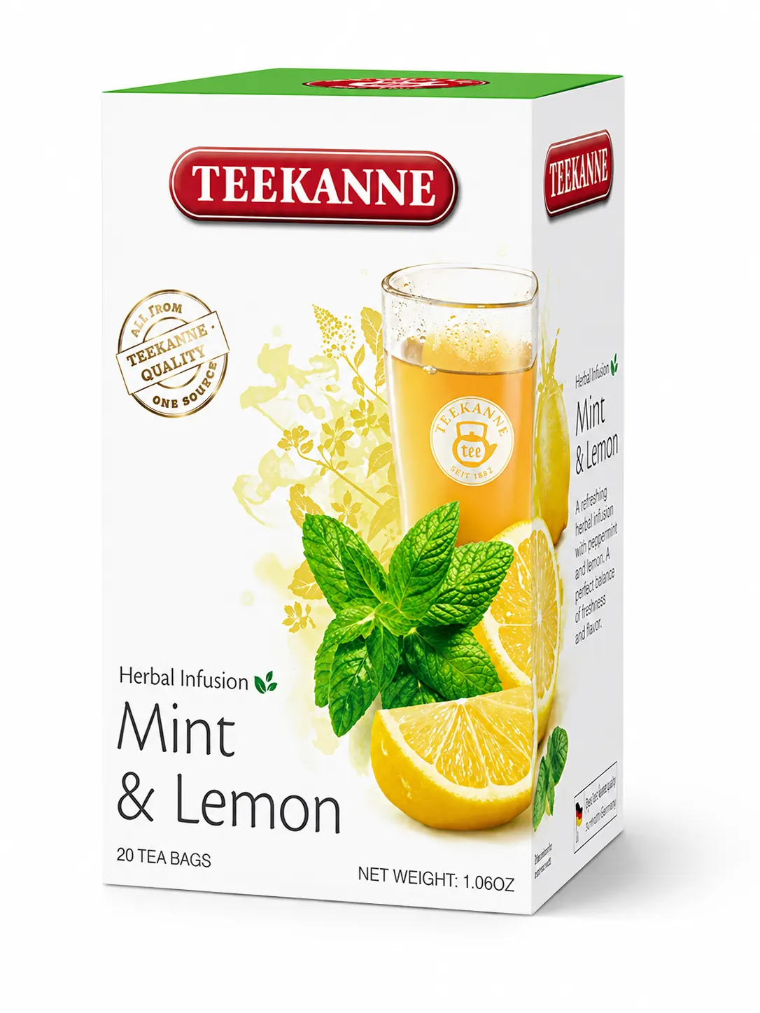 TEEKANNE Mint & Lemon herbal infusion packaging with mint leaves and lemon imagery.