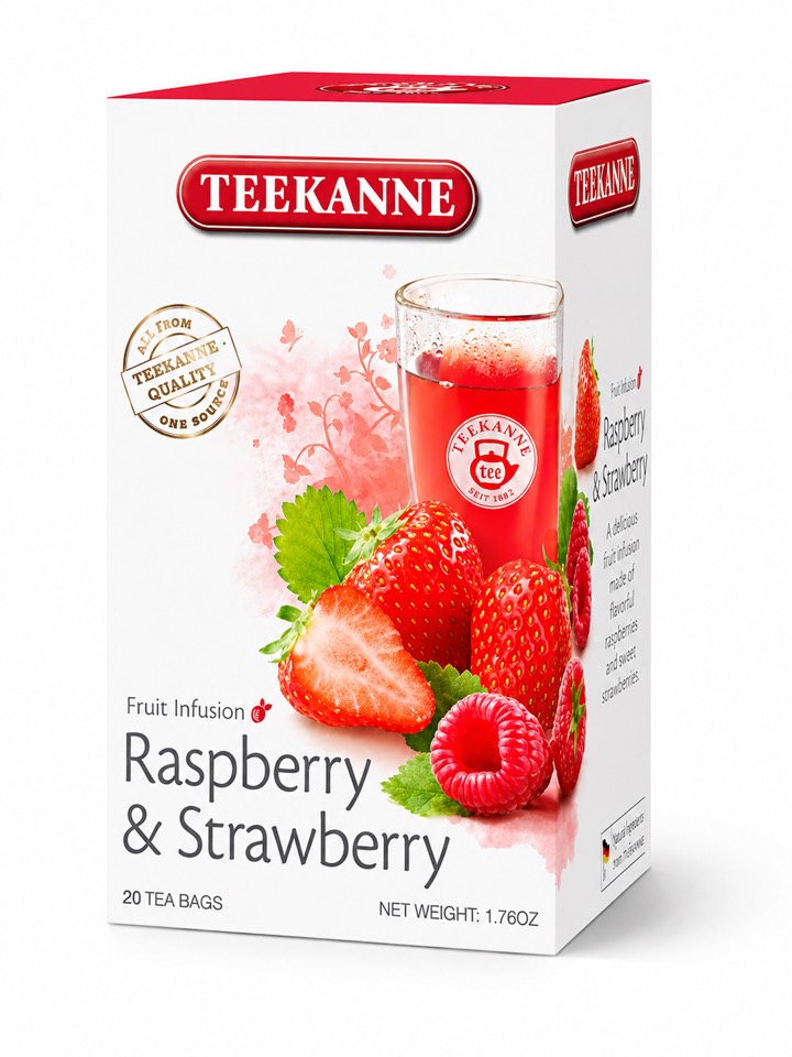TEEKANNE Raspberry & Strawberry fruit infusion packaging with red berries and a red tea glass.