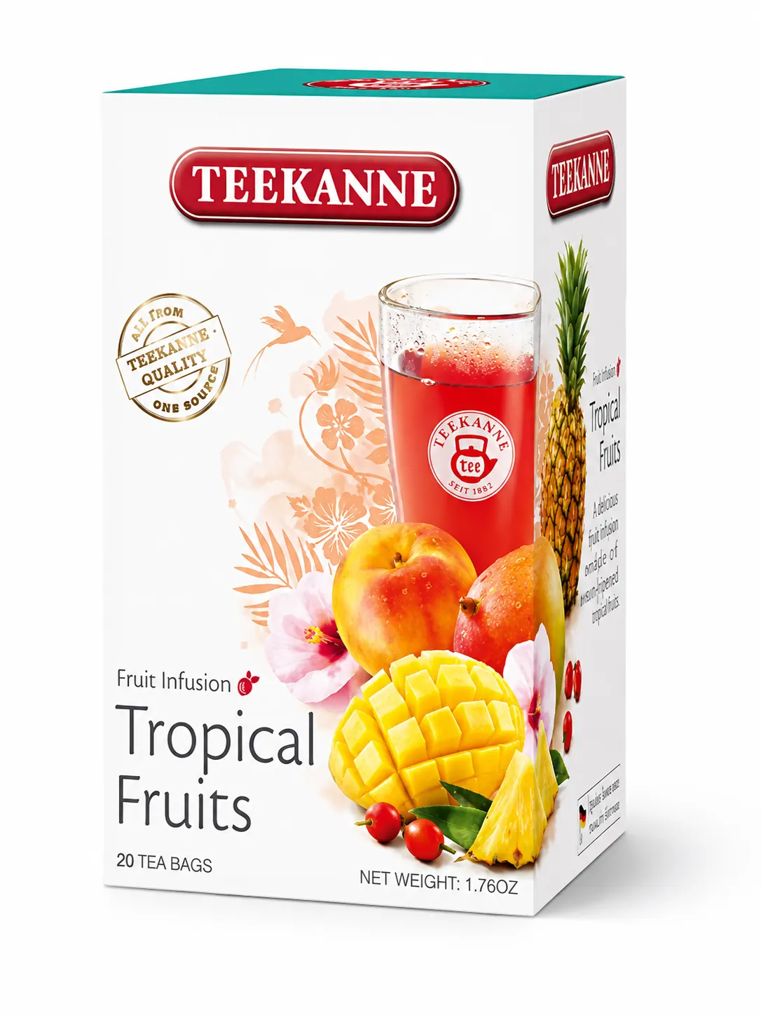 TEEKANNE Tropical Fruits fruit infusion packaging with mango, pineapple and tropical fruit imagery.