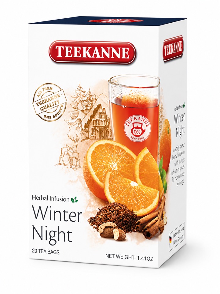 TEEKANNE Winter Night herbal infusion packaging with orange, cinnamon and warm spice imagery.